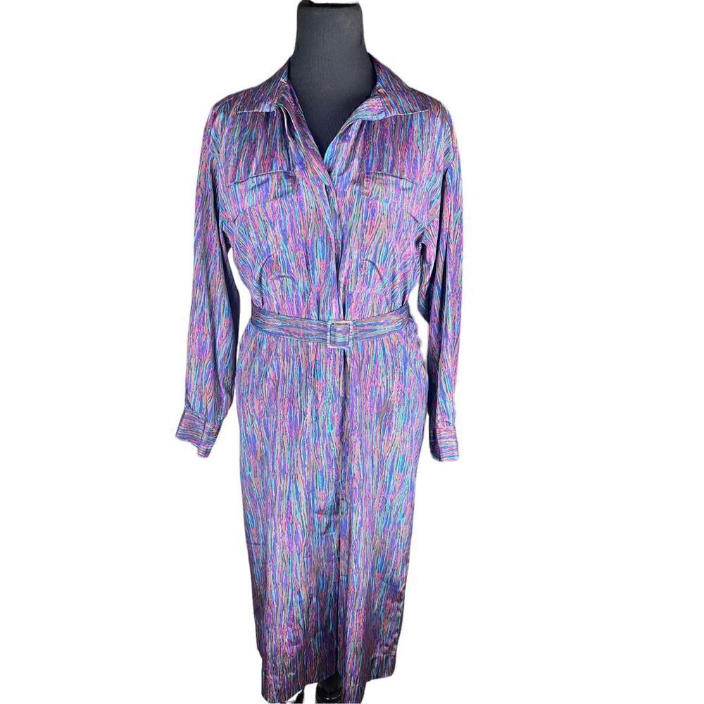 Vintage Schrader sport button down belted long sleeve shirt polyester dress 12